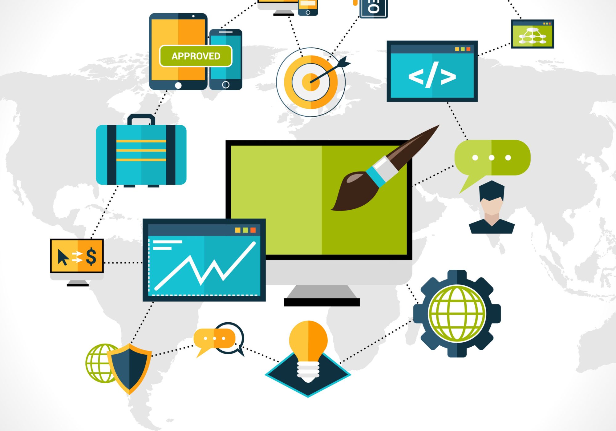 Web development composition with website optimization elements and world map vector illustration